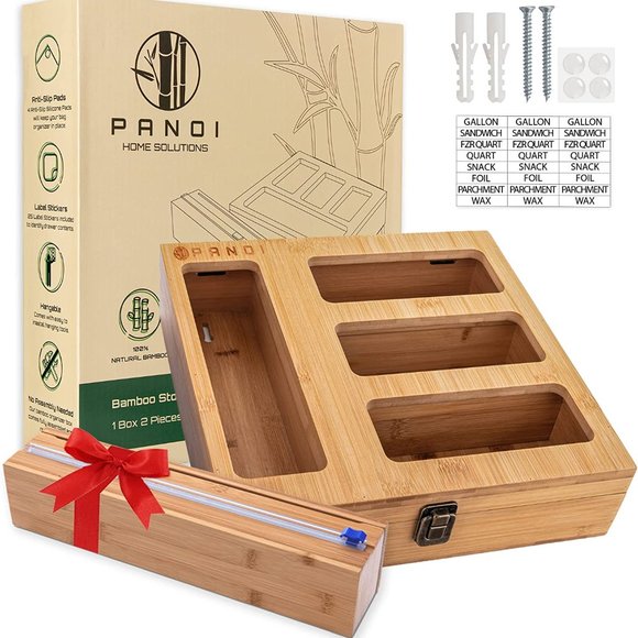 Panoi Bamboo Ziplock Bag Storage Organizer Set & Wrap Dispenser w/ Slide Cutter - Picture 2 of 8